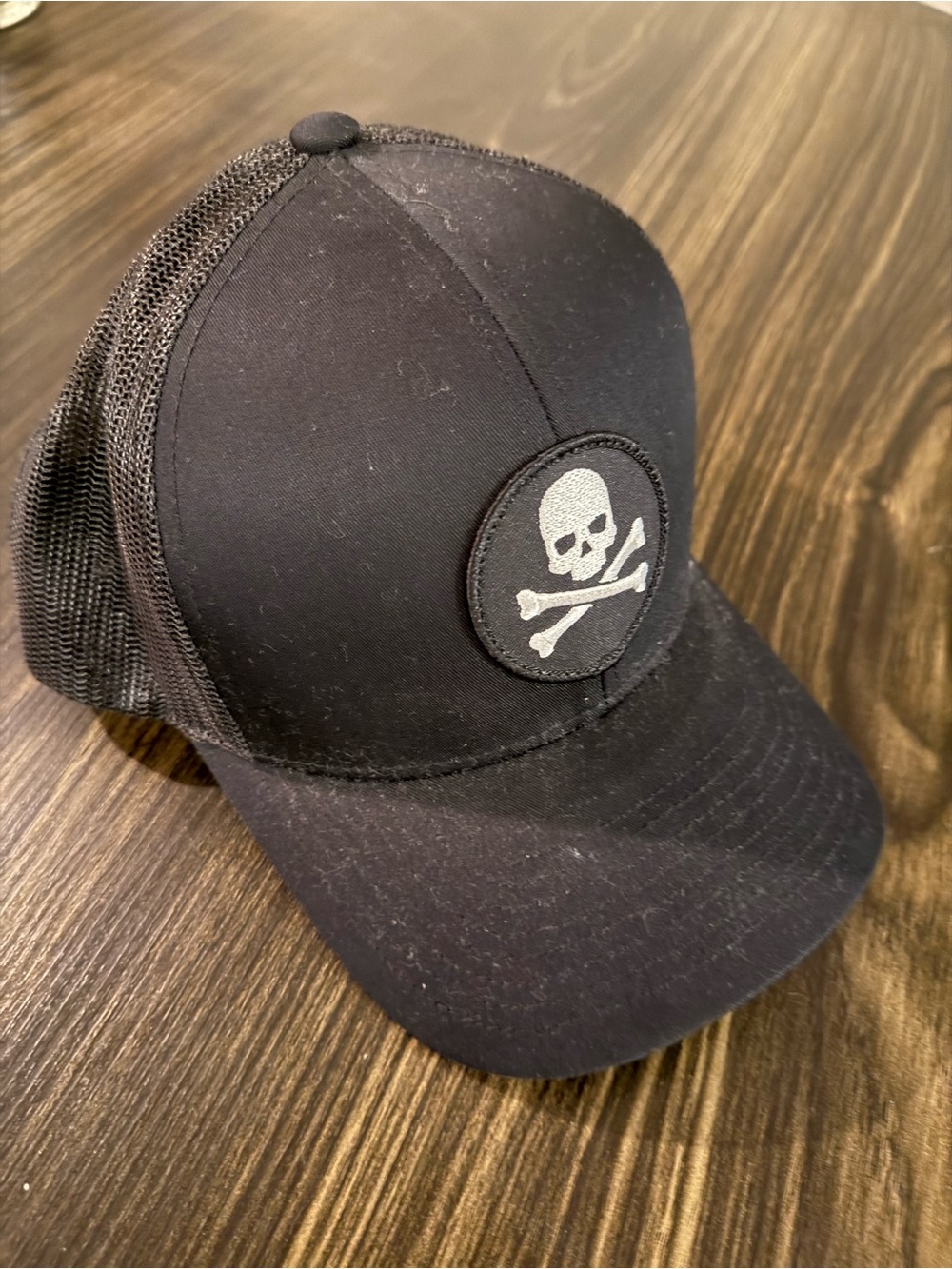 Hoka One One Black Trucker Hat with Skull Patch